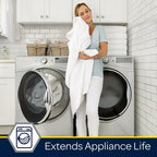 Woman holding white towels in a laundry room with washing machines, text 'Extends Appliance Life'.