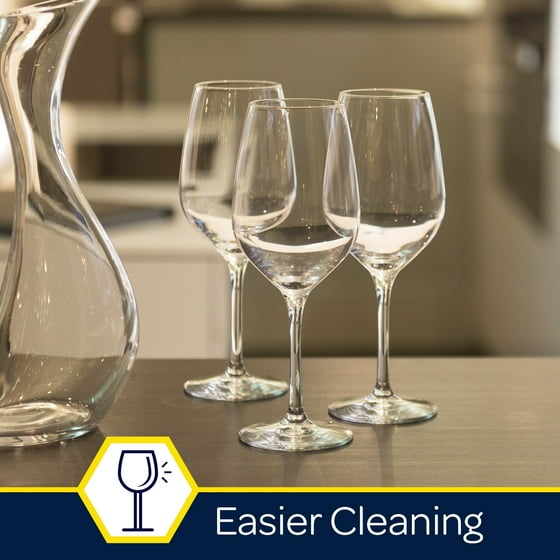 Clear wine glasses on a table with 'Easier Cleaning' text and icon.