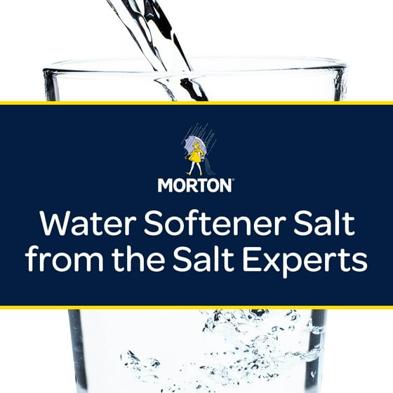 Morton water softener salt from the salt experts - advertisement with a glass of clear liquid.